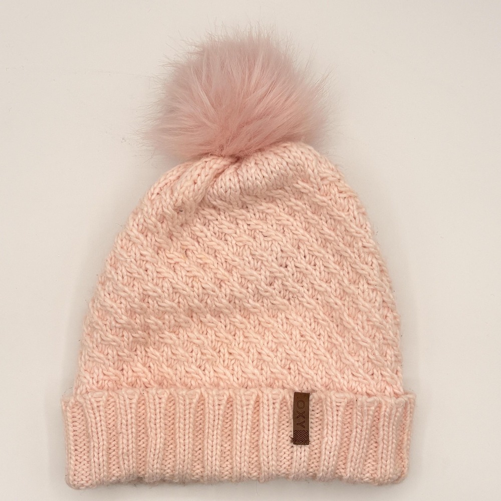 ROXY Womens Beanie Pink Medium Lined Knit Pom Fur Trim Logo Winter Cozy
